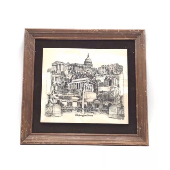 Washington Scene Framed Etching - Picture 1 of 6